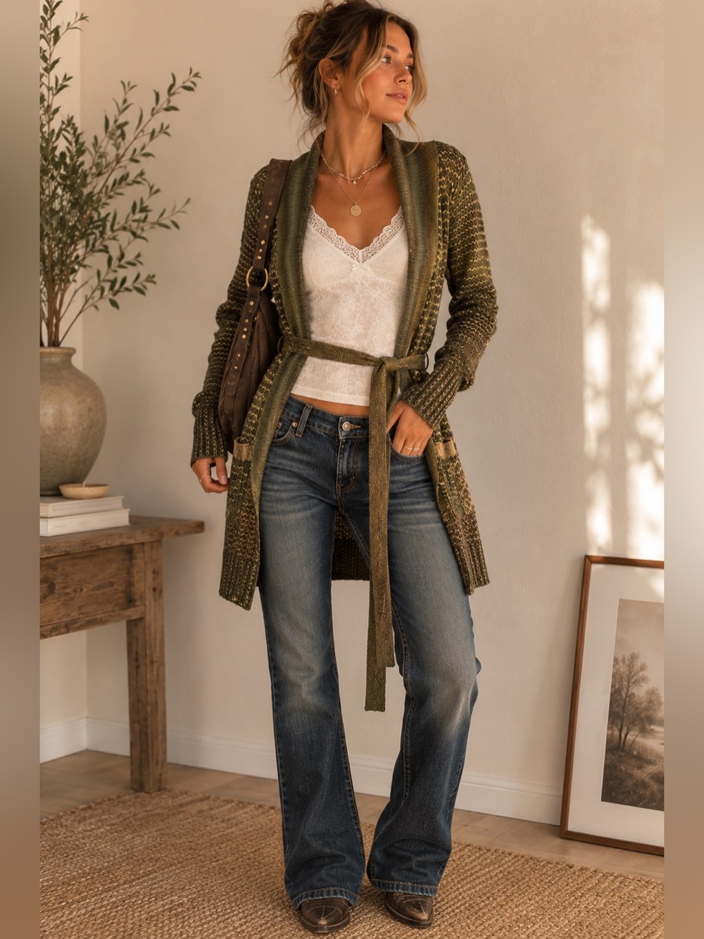 BKE Buckle Green Gold Marled Belted Duster Cardigan Women’s Large Y2K Vintage